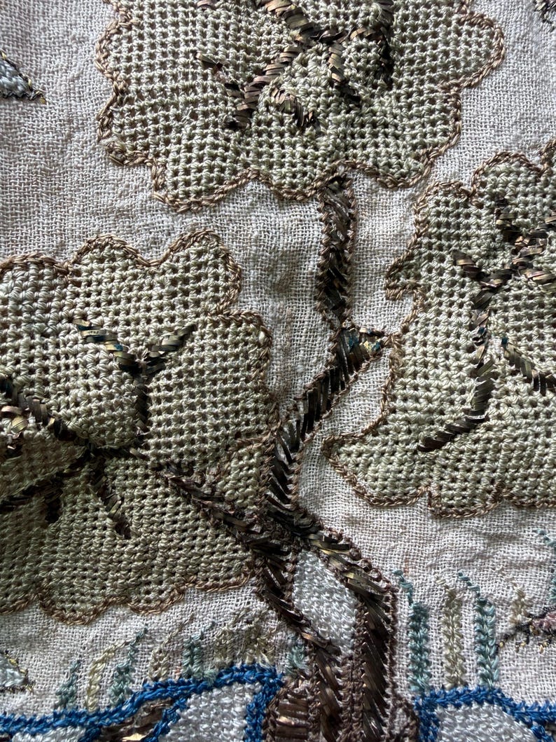 Vintage Art Deco embroidered scarf gold thread beach landscape 20s lien summer image 6