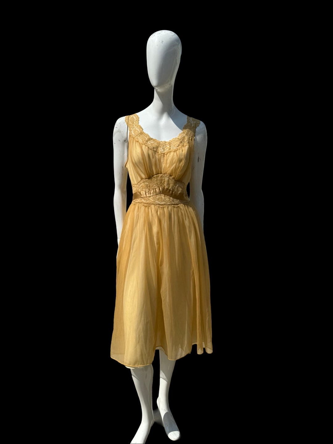 1950s Vanity Fair Lace Slip Dress | Ivory Satin & Lace Nightgown (L/XL)