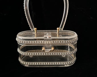 Vintage 50s lucite box purse bag small with rhinestones clear handbag rockabilly