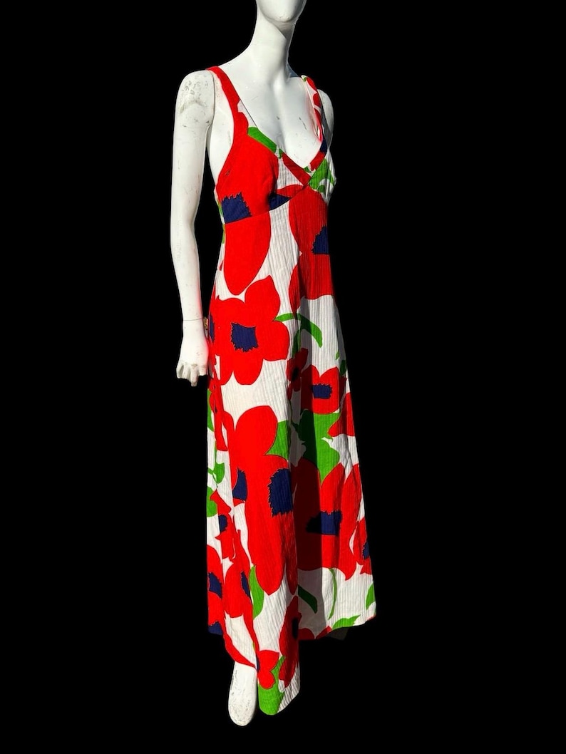 Vintage 70s MALIA Honolulu Hawaiian Dress Hostess Maxi Big Red Poppies ...