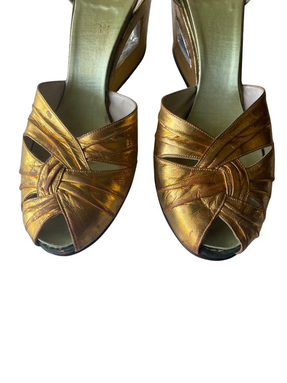 Vintage 40’s GOLD leather WEDGES shoes Sandals Si… - image 6