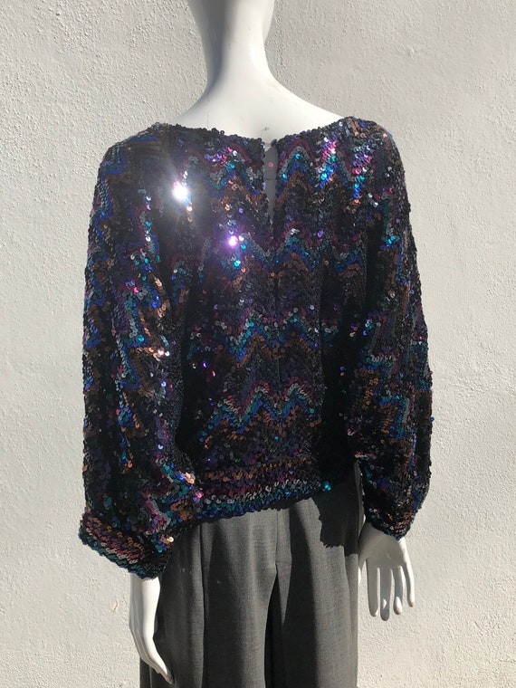 Vintage 70's DISCO sequin blouse top party knitte… - image 3