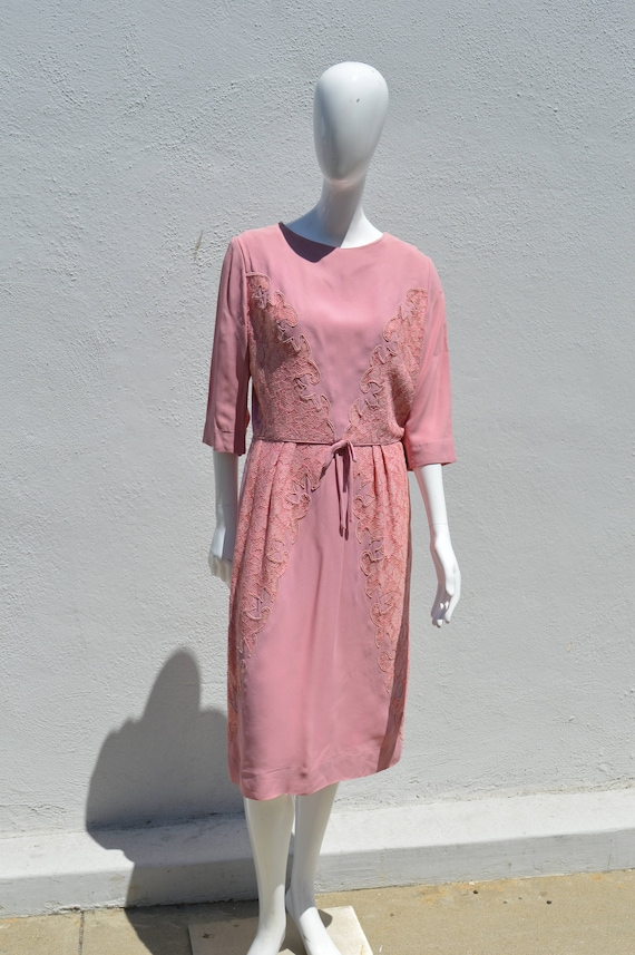 Vintage 60's PEGGY HUNT mid century Pink dress la… - image 2