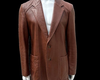 Vintage 70s THE TANNERY WEST men's dark brown leather jacket blazer size 42 soft calf leather 2 buttons