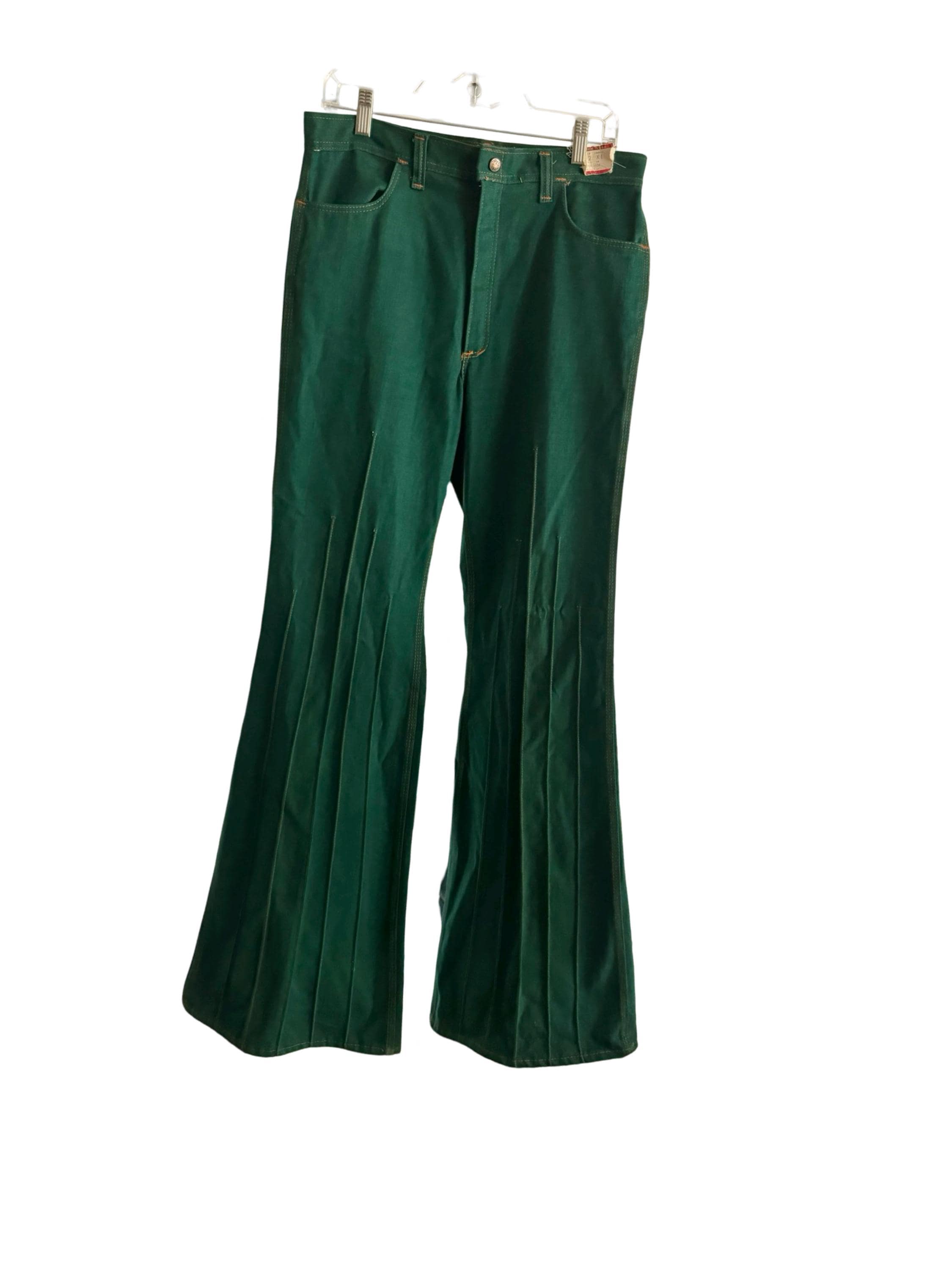 Vintage 70s RED SNAP men's bell bottoms pants never used green with stitching stripes and leather detail 32 by 35" cotton USA made hippie