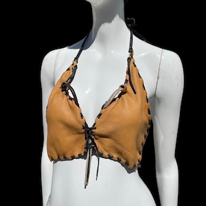vintage jaren 70 handgemaakte leren haltertop hippie boho brandende man festival sexy zomertop blouse