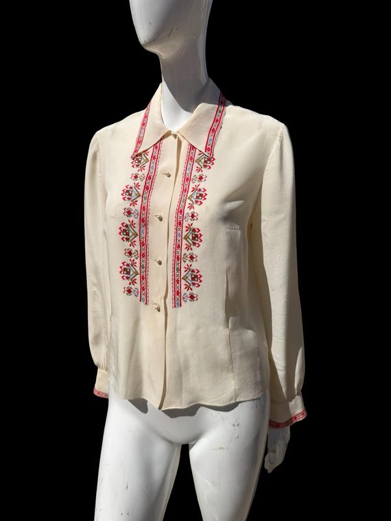 Vintage 40-50s hand embroidered cross-stitch hungarian silk blouse shirt formal dress blouse size M