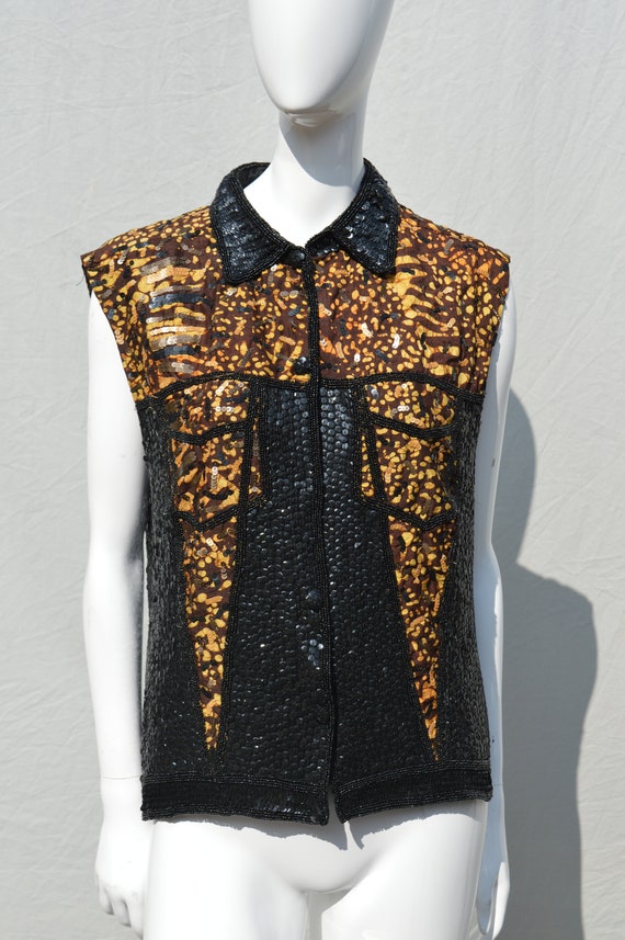 Vintage 80's CACHE sleeveless top vest beaded seq… - image 7