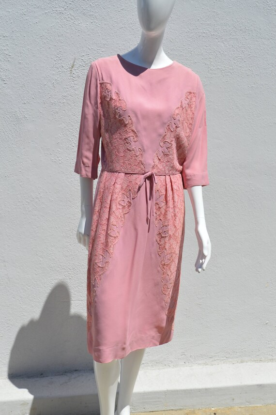 Vintage 60's PEGGY HUNT mid century Pink dress lac