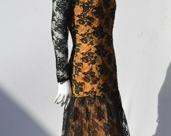 Vintage 60's PEGGY HUNT black lace dress fish tail sexy gown size M/8 american mid century design by thekaliman