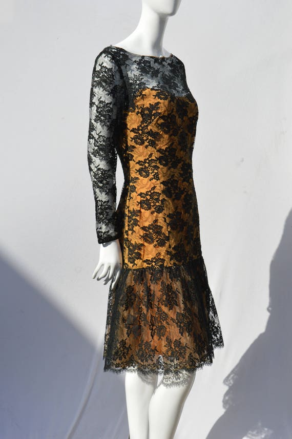 Vintage 60's PEGGY HUNT black lace dress fish tail