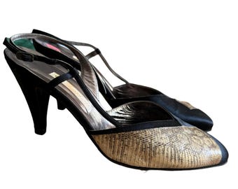 Vintage 70er Jahre GUCCI Singback Schuhe Sandalen runde Schuhform Satin und exotische Haut Schlangenhaut DISCO Schuhe Größe 39 1/2 B USA 9 von thekaliman