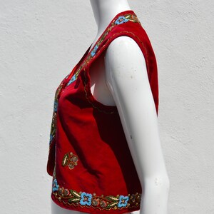 Vintage 70's HAND EMBROIDERED red velvet vest size M floral beaded border folk dance Hungarian image 9