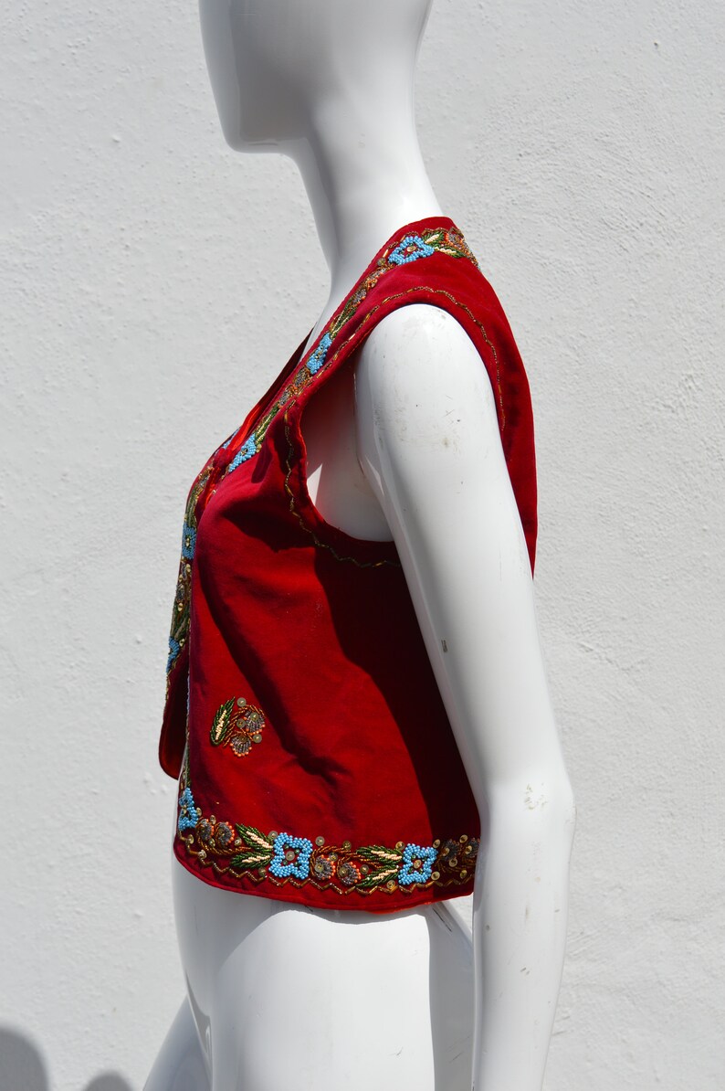 Vintage 70's HAND EMBROIDERED red velvet vest size M floral beaded border folk dance Hungarian image 9