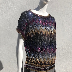 Vintage 70&#39;s DISCO sequin blouse top short sleeves gold and multicolor sequins large party blouse