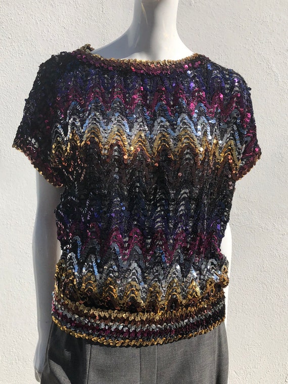 Vintage 70's DISCO sequin blouse top short sleeve… - image 2