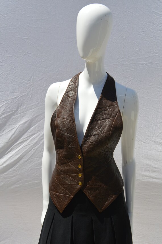 Vintage 80's LEATHER top blouse sexy backless ves… - image 10