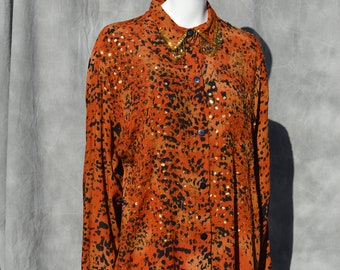 Vintage 80's PATRICIA HERMANN animal print embellish embroidered tassel shirt blouse top UNISEX sequins large size rayon