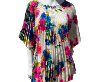 Vintage 60-70s hawaiian floral pleated angel wings blouse top cape like one size cotton blend accordeon disco blouse