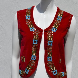 Vintage 70's HAND EMBROIDERED red velvet vest size M floral beaded border folk dance Hungarian image 3