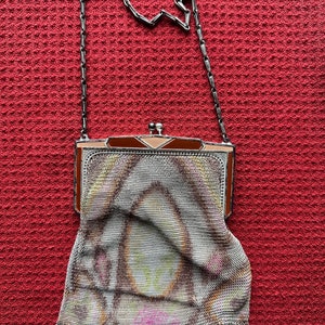 Vintage 20s Art Deco  WHITING and DAVIS mesh painted floral purse handbag ombre enamel geometrical frame