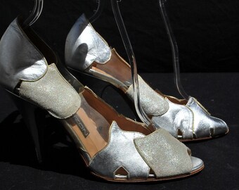 Vintage 70's MAUD FRIZON silver disco shoes pumps 7 1/2 us 30 eu leather and vinyl Patchwork by thekaliman