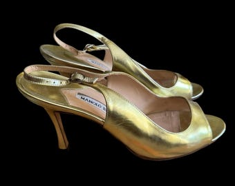 Vintage Manolo Blahnik GOLD leather sling backs open toe shoes size 38 1/2 USA 8 mint condition sexy party sandals heels