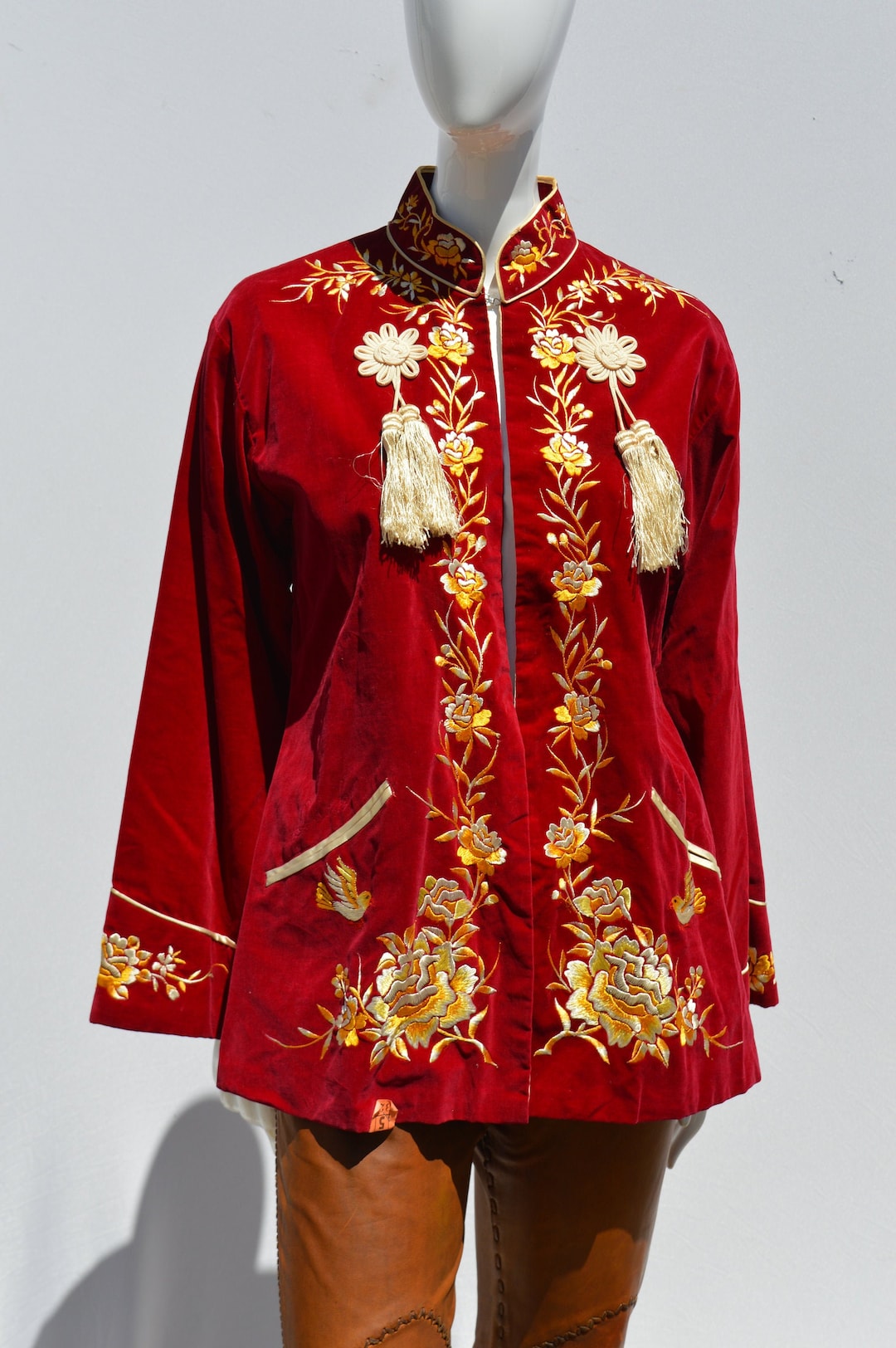 Vintage 60's Embroidered Red Velvet Chinese Jacket Floral
