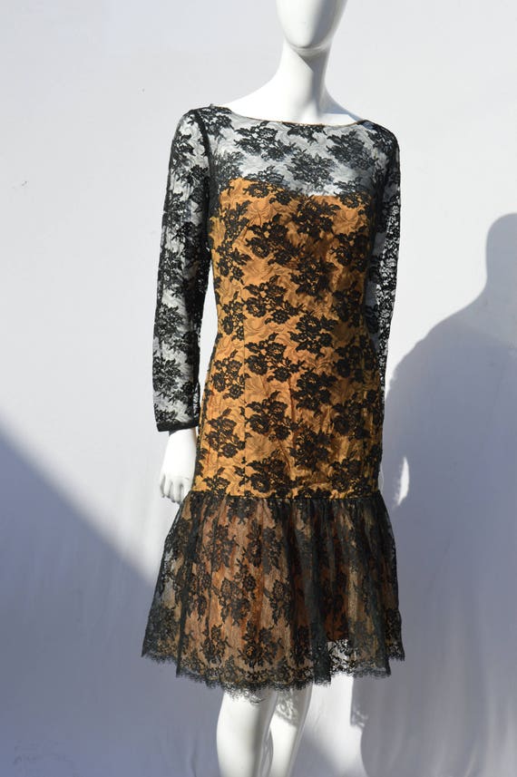 black lace dress with tan lining Max Studio Boatneck Lace Midi Dress Xs