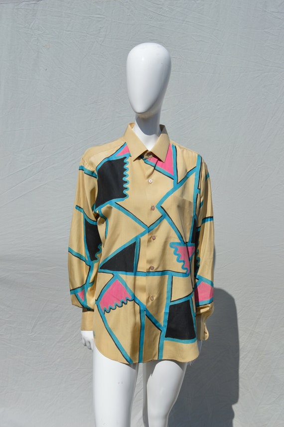 Vintage 70's HAND PAINTED BOWMAN silk shirt size M