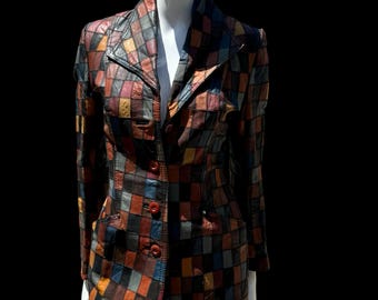 Vintage 70s hippie PATCHWORK leather jacket blazer multicolor patches of leather 4 buttons long size M boho jacket