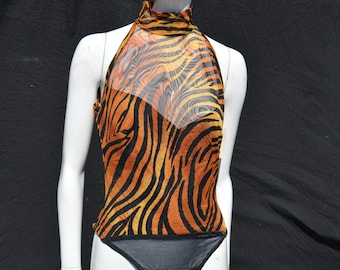 Vintage Y2K TADASHI never used tags attached tiger pattern animal print bodysuit size Large sheer turtle neck sleeveless