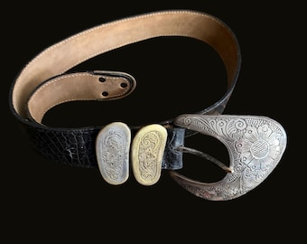Streets Ahead Brown Croc Embossed Leather Western Belt Gold Silver Buckle USA Sm Vintage Streets Ahead Brown Croc Leather Belt: Western Gold  main image 4
