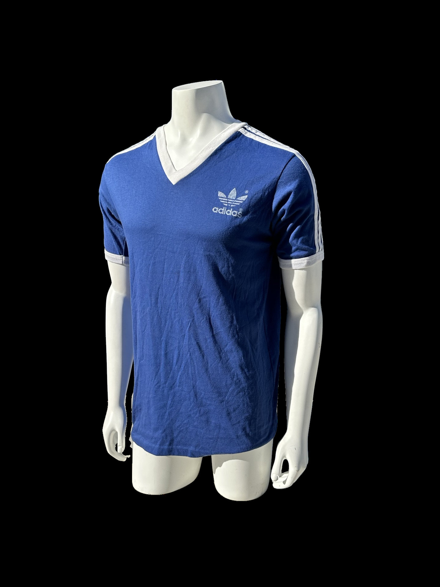 Vintage 70-80s ADIDAS V Neck T-shirt Navy Blue White Stripe