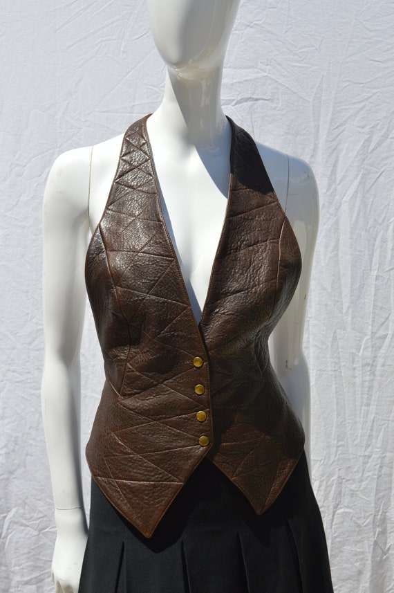 Vintage 80's LEATHER top blouse sexy backless ves… - image 2