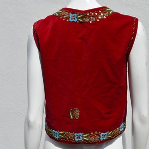 Vintage 70's HAND EMBROIDERED red velvet vest size M floral beaded border folk dance Hungarian image 7