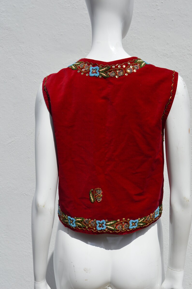 Vintage 70's HAND EMBROIDERED red velvet vest size M floral beaded border folk dance Hungarian image 7