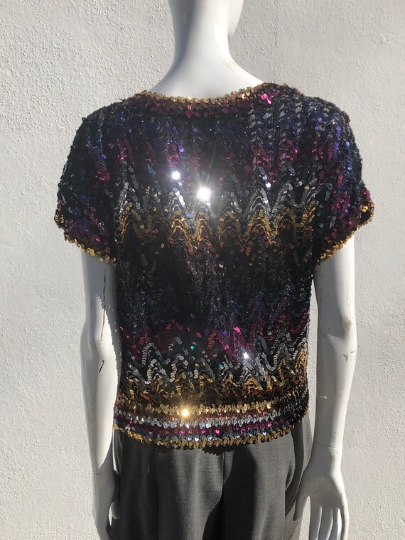 Vintage 70's DISCO sequin blouse top short sleeve… - image 5
