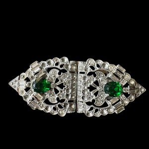 Vintage art deco belt buckle green stones and rhinestones 30-40s belt buckle image 1