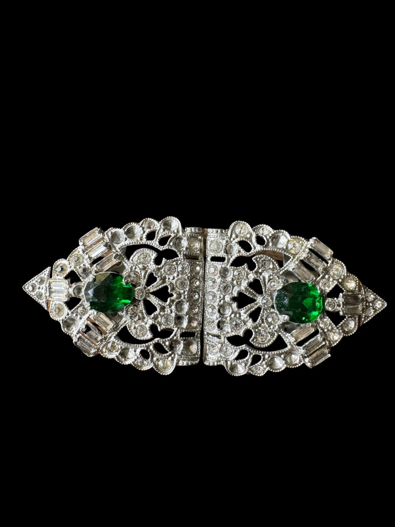 Vintage art deco belt buckle green stones and rhinestones 30-40s belt buckle image 1