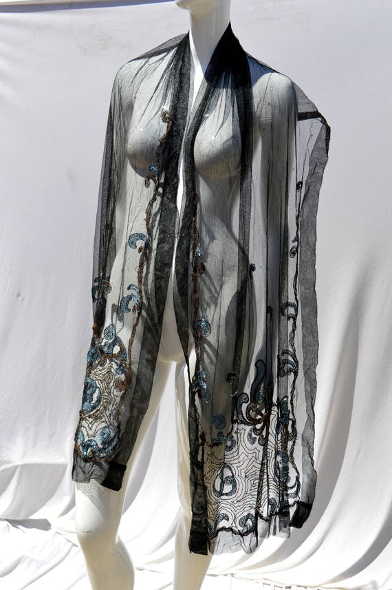 Vintage ART DECO flapper wrap shawl scarf hand emb