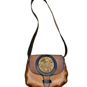 Vintage 70s Mexican leather hippie bag purse hand tooled worn tapestry distress look small
