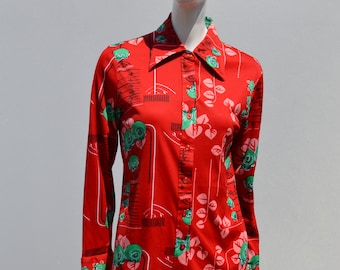 Vintage 70&#39;s Polyester blouse red abstract floral Pattern size M disco mid century modern novelty print by thekaliman