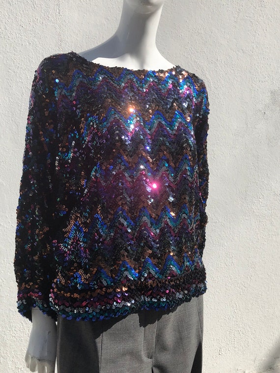 Vintage 70's DISCO sequin blouse top party knitte… - image 1