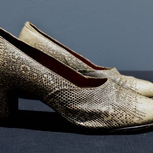 Könnte beinhalten: Ein Paar beigefarbene High-Heel-Schuhe mit Schlangenhautmuster.