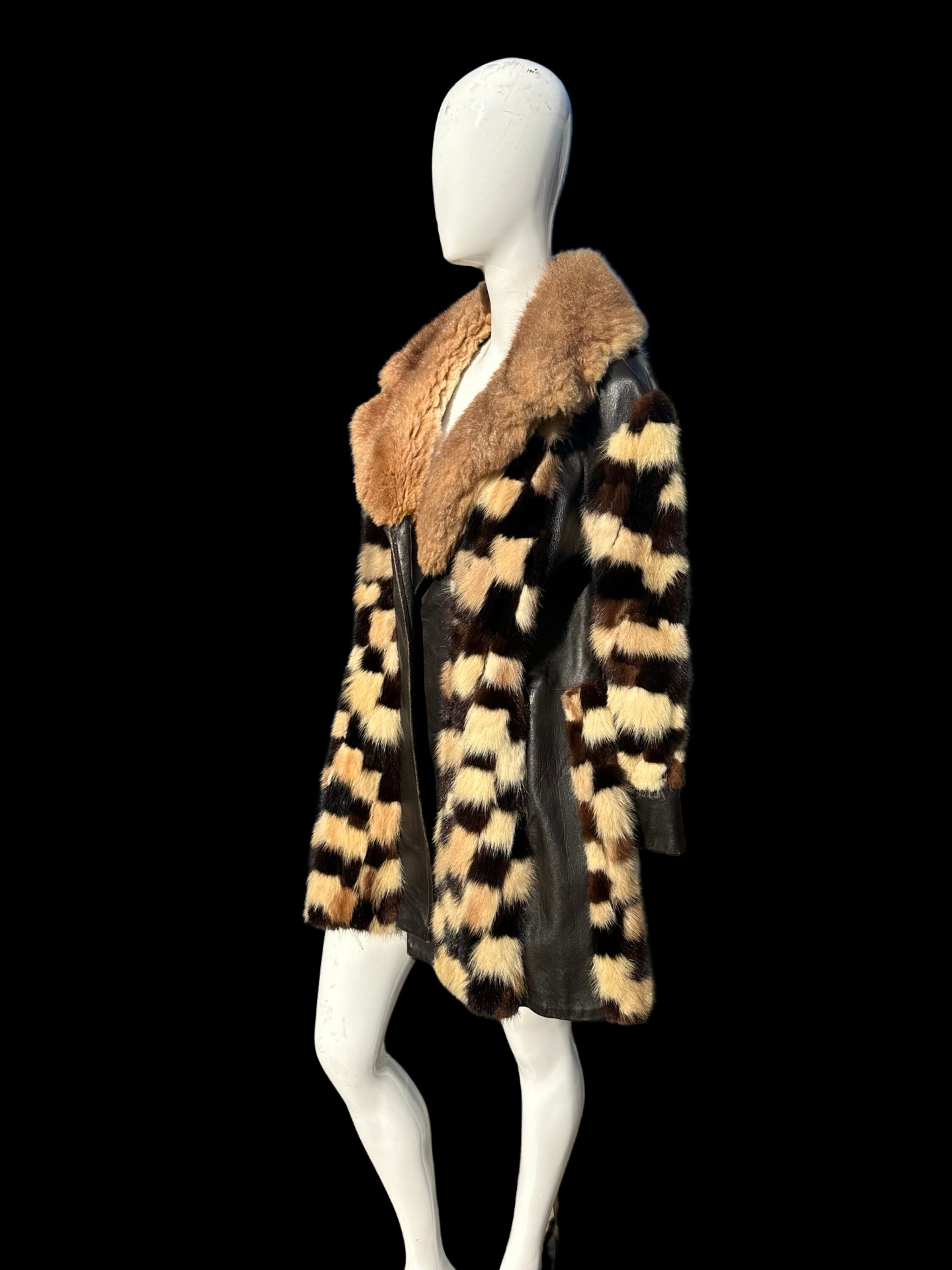Vintage 70s ALASKAN Leather and Mink Trench Coat Checkered