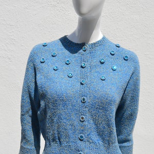 Vintage 50&#39;s Hand Knit Sweater small electric blue metallic thread and stones sparkly rockabilly Pin Up mid century sweater