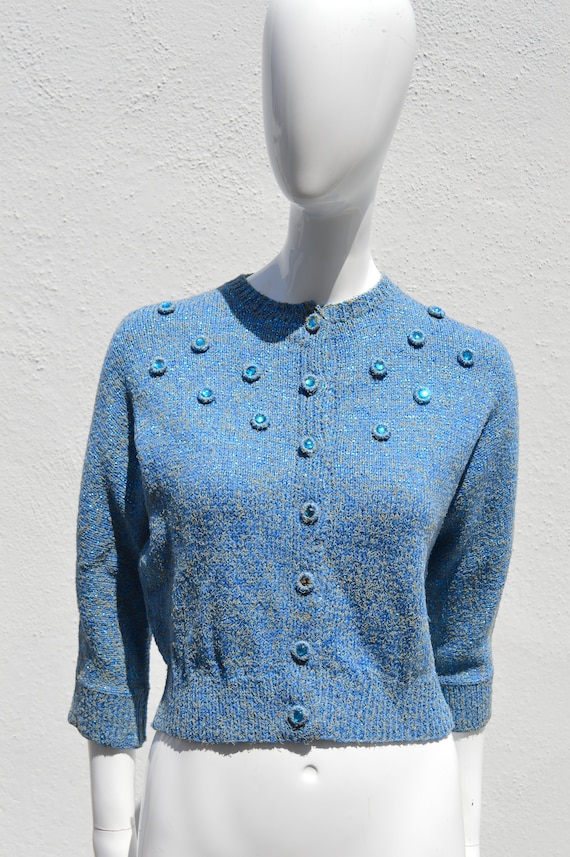 Vintage 50's Hand Knit Sweater small electric blue