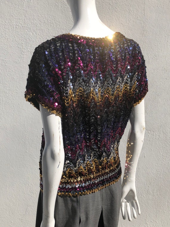 Vintage 70's DISCO sequin blouse top short sleeve… - image 3