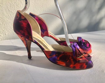 Vintage 50's Kitty Heels floral silk pumps shoues pin up size 6  1/2 by custumcraft SCHWARTZ BENJAMIN